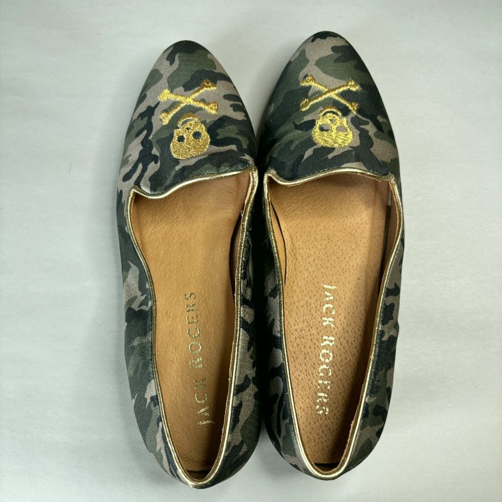 Pre-worn MINT Jack Rogers Women's Size 6.5 Gold Skull Pirate Camo Flats - Picture 1 of 11